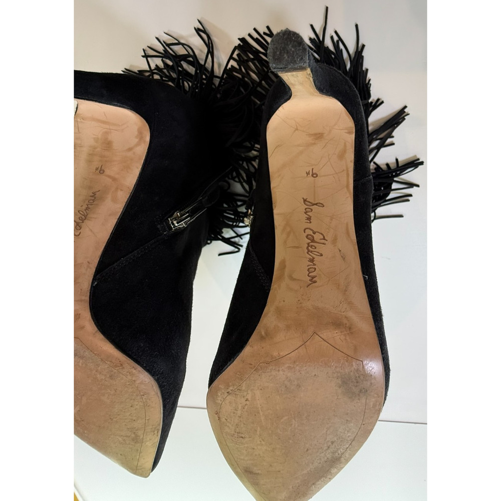 Sam Edelman Blk Suede Fringe Ankle Booties Pointed Toe Side Zip Heeled Boots 9 - Picture 6 of 6